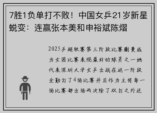 7胜1负单打不败！中国女乒21岁新星蜕变：连赢张本美和申裕斌陈熠